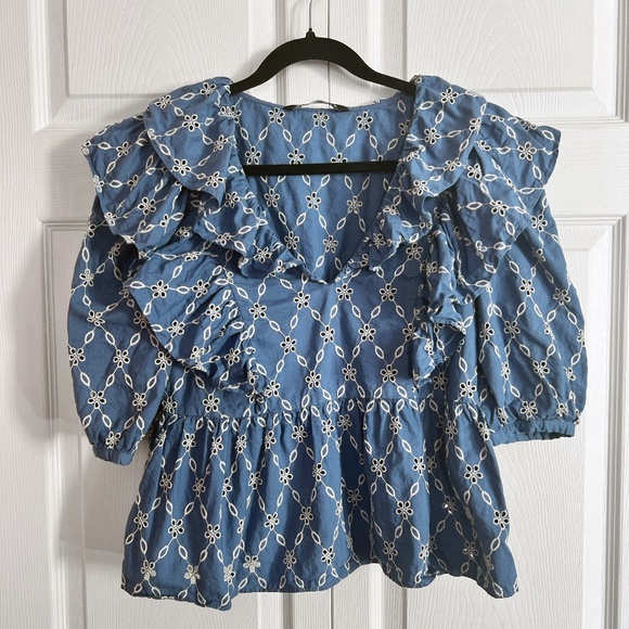 Zara Cotton Chambray Eyelet Peplum Blouse - Picture 1 of 4